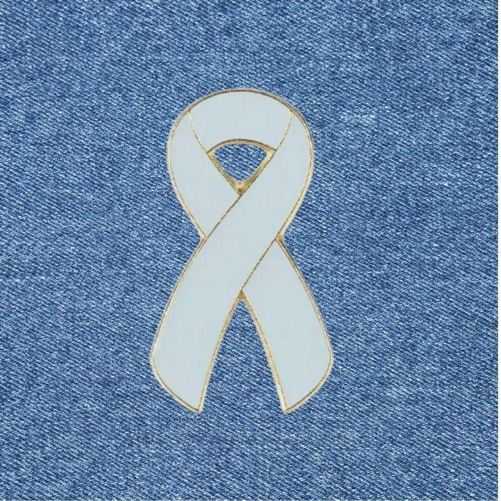 White Awareness Ribbon Enamel Pin Gold Tone Support Lapel Hat Accessory 1in